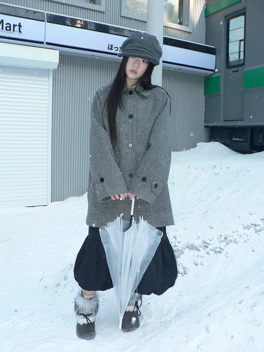 ang project Retro Commuter Straight Fit Lapel Mid Length Single Breasted Grey Women Coat