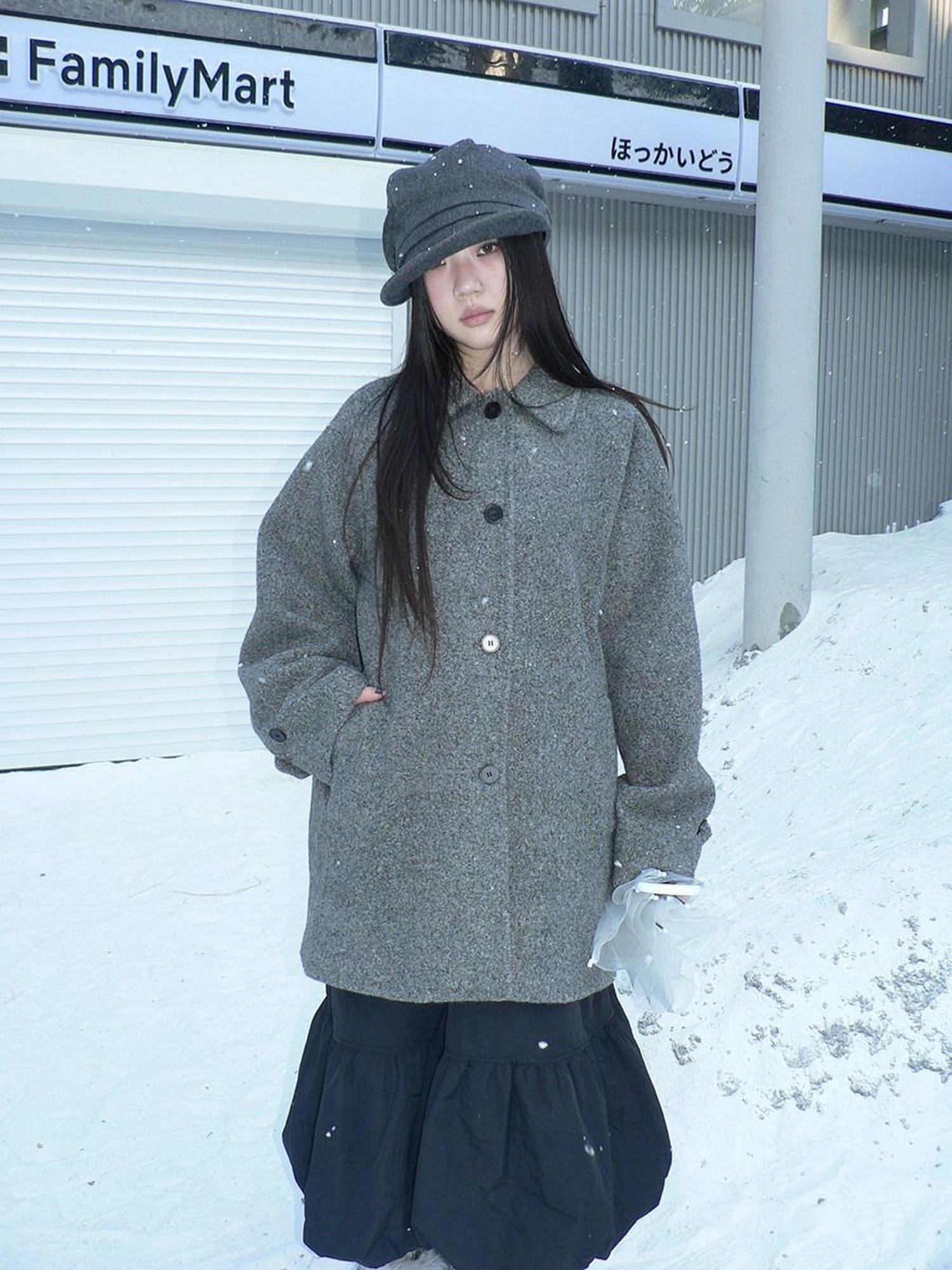 ang project Retro Commuter Straight Fit Lapel Mid Length Single Breasted Grey Women Coat