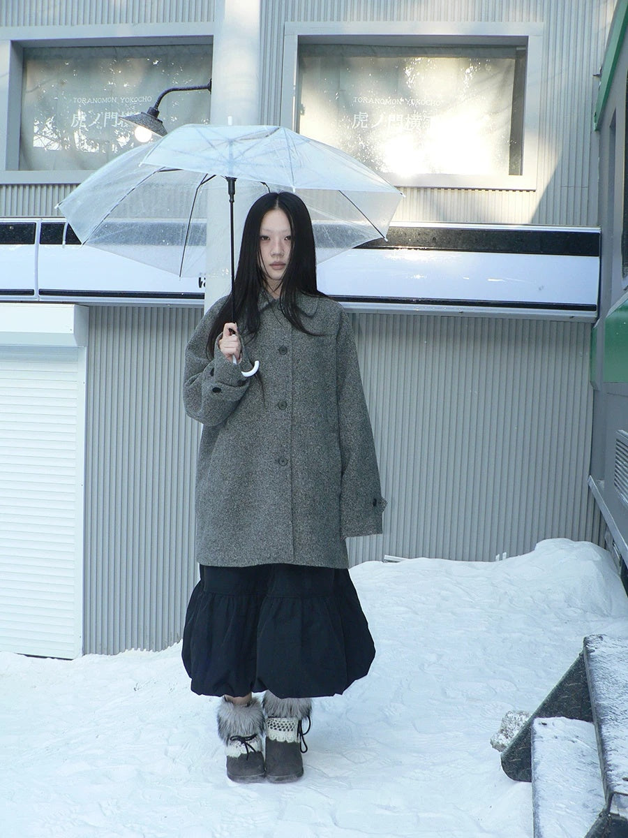 ang project Retro Commuter Straight Fit Lapel Mid Length Single Breasted Grey Women Coat