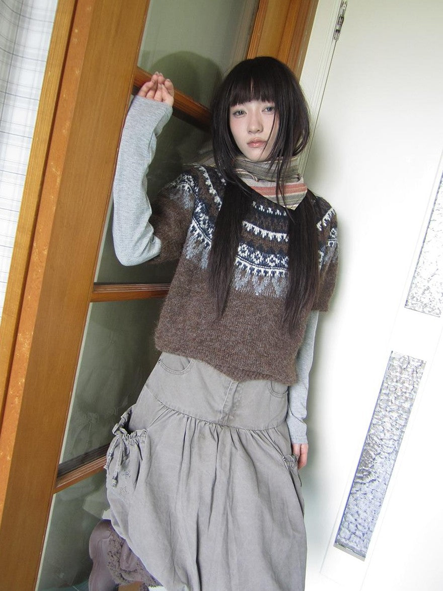 ang project Retro Fair Isle Jacquard Round Neck Knit Women&