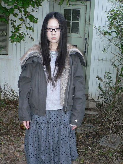 ang project Retro Fur Collar Hooded Zip Oversized Women&
