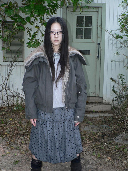 ang project Retro Fur Collar Hooded Zip Oversized Women&