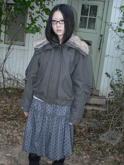 ang project Retro Fur Collar Hooded Zip Oversized Women&