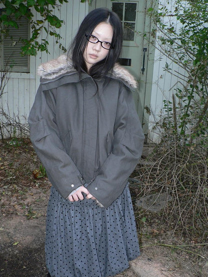 ang project Retro Fur Collar Hooded Zip Oversized Women&