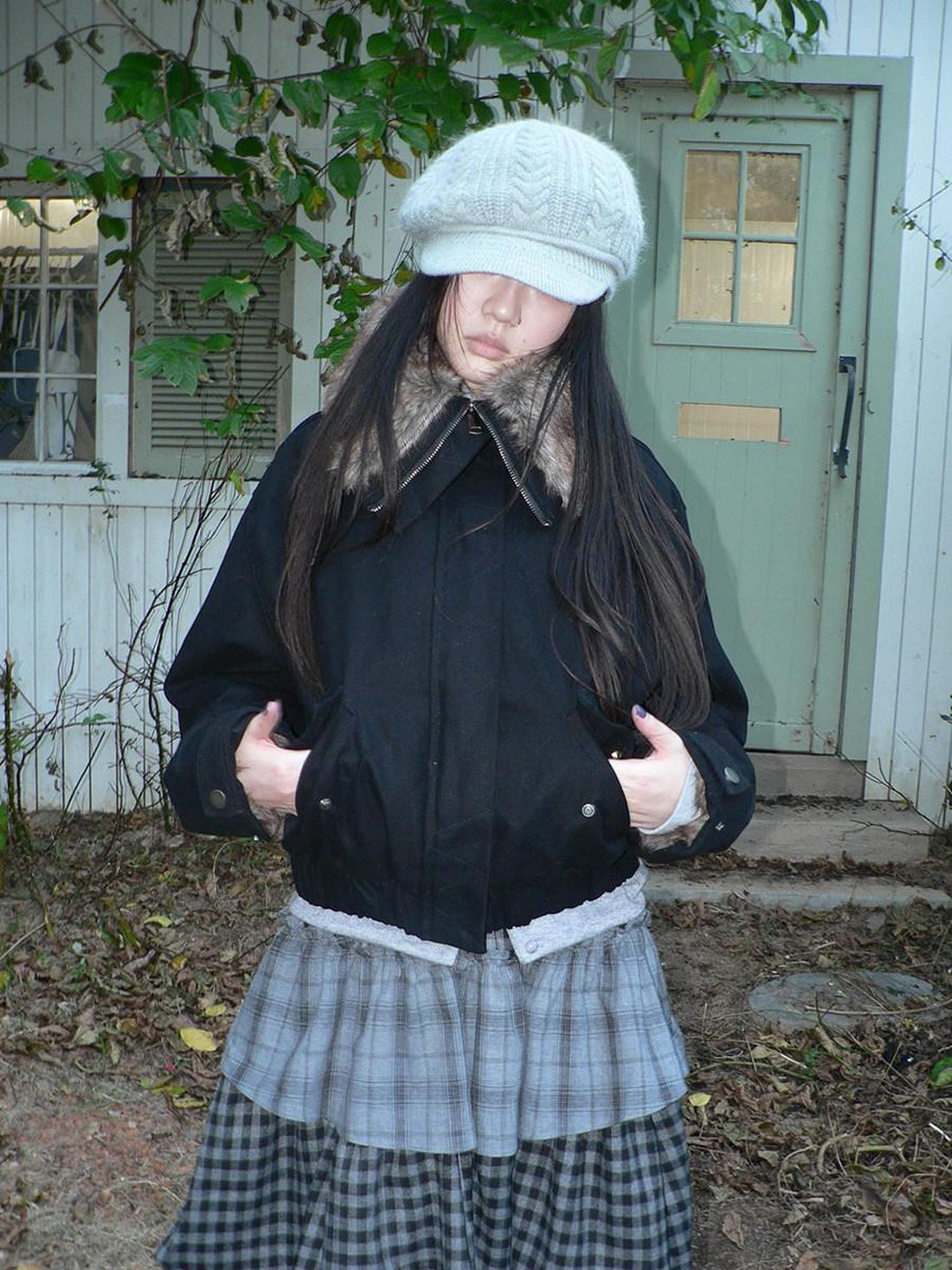 ang project Retro Fur Collar Hooded Zip Oversized Women&