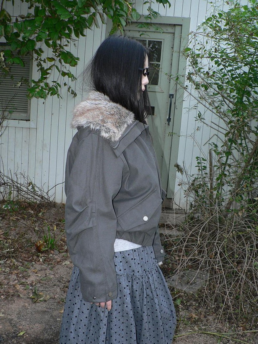 ang project Retro Fur Collar Hooded Zip Oversized Women&