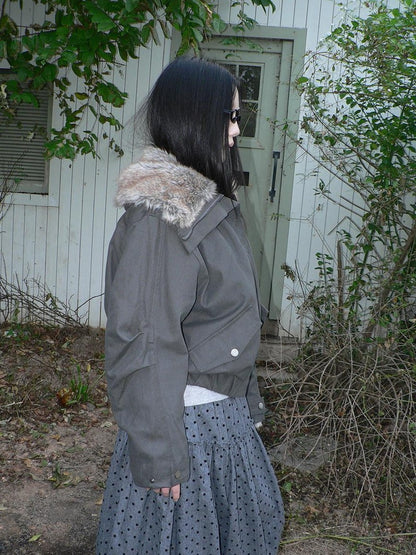 ang project Retro Fur Collar Hooded Zip Oversized Women&