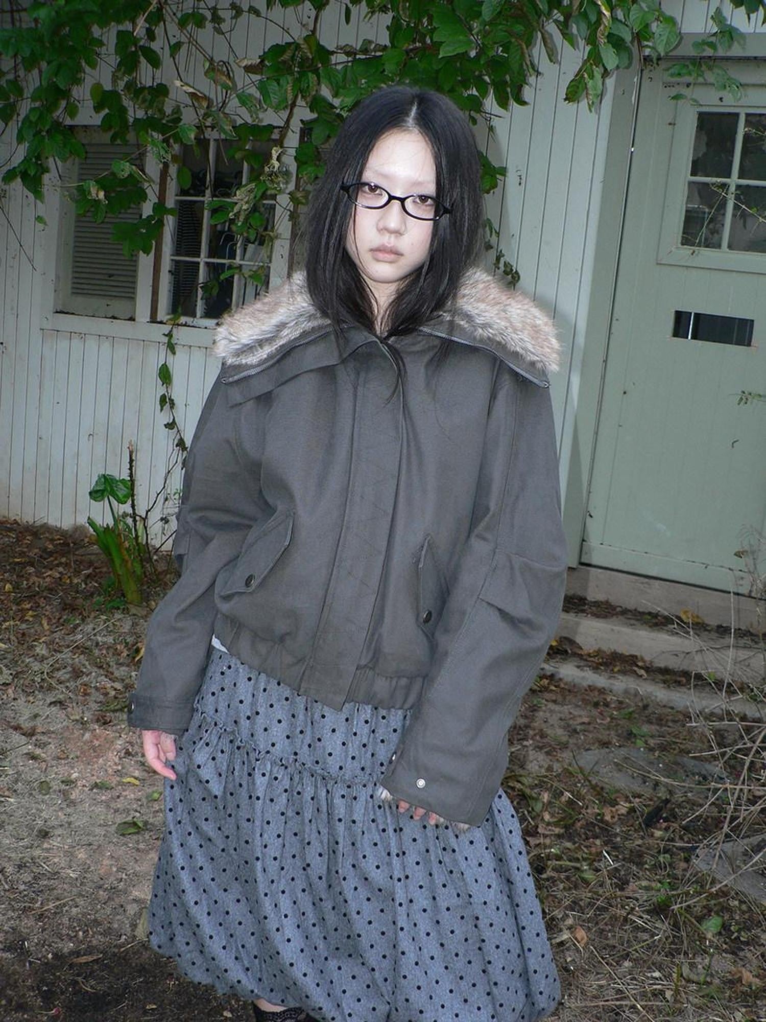 ang project Retro Fur Collar Hooded Zip Oversized Women&