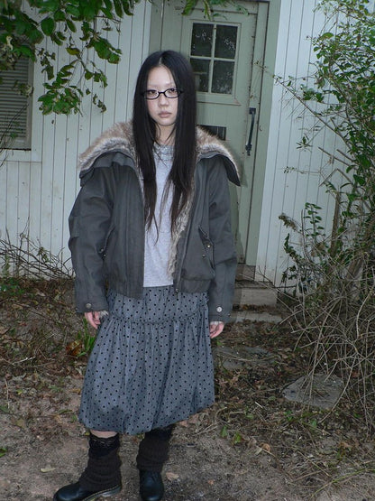 ang project Retro Fur Collar Hooded Zip Oversized Women&