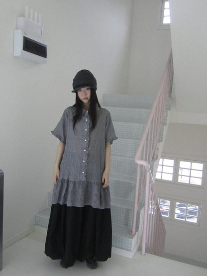 ang project Retro Gingham Collar Split Hem Short Sleeve Shirt