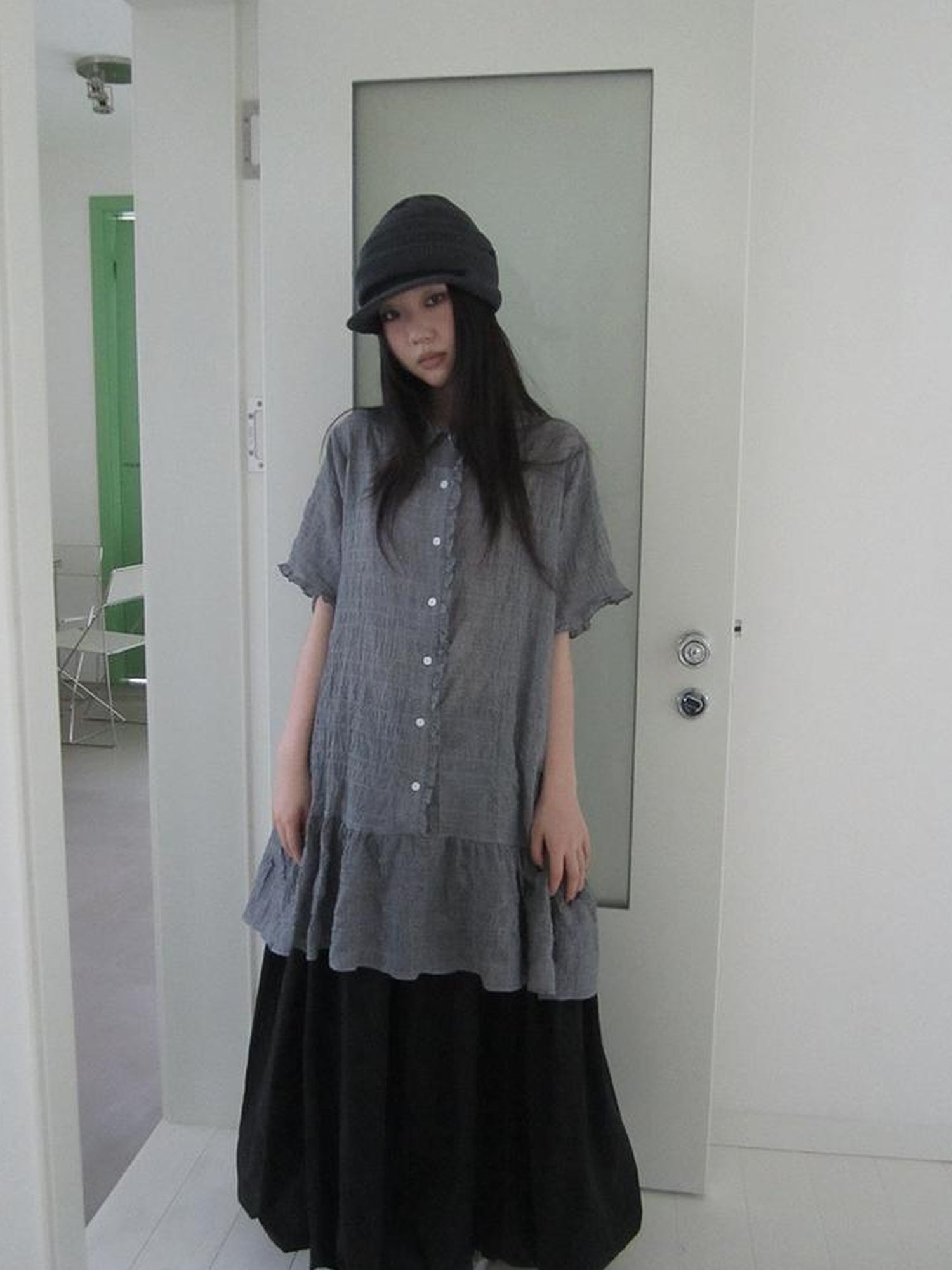 ang project Retro Gingham Collar Split Hem Short Sleeve Shirt