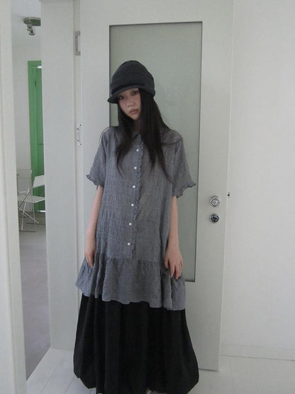 ang project Retro Gingham Collar Split Hem Short Sleeve Shirt