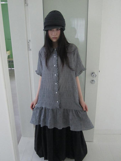 ang project Retro Gingham Collar Split Hem Short Sleeve Shirt