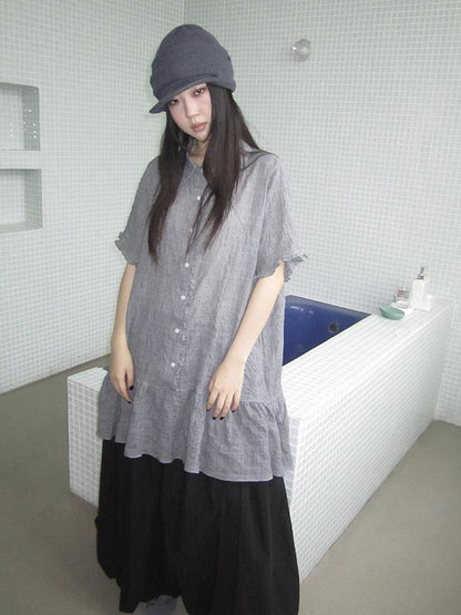 ang project Retro Gingham Collar Split Hem Short Sleeve Shirt