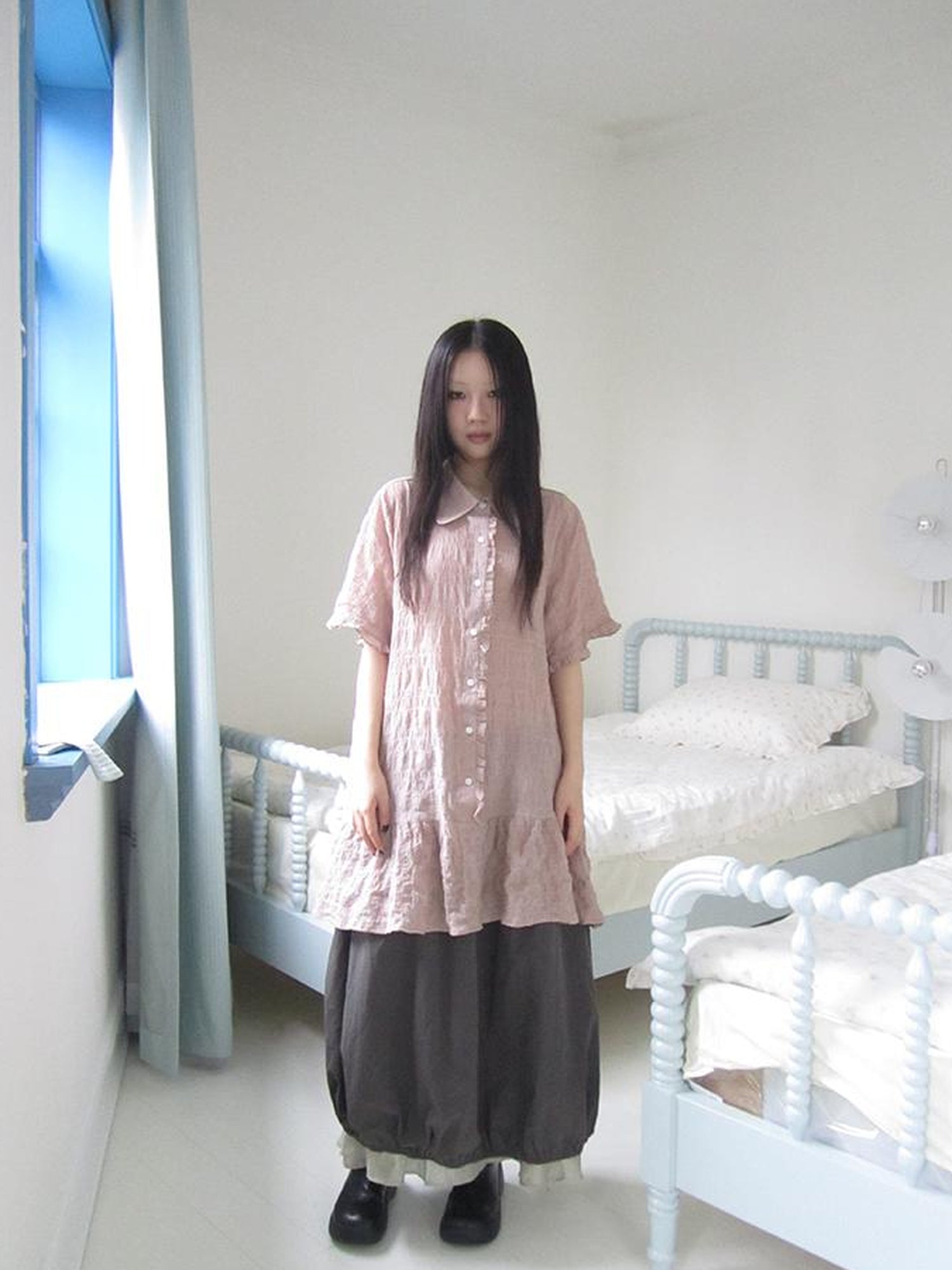 ang project Retro Gingham Collar Split Hem Short Sleeve Shirt
