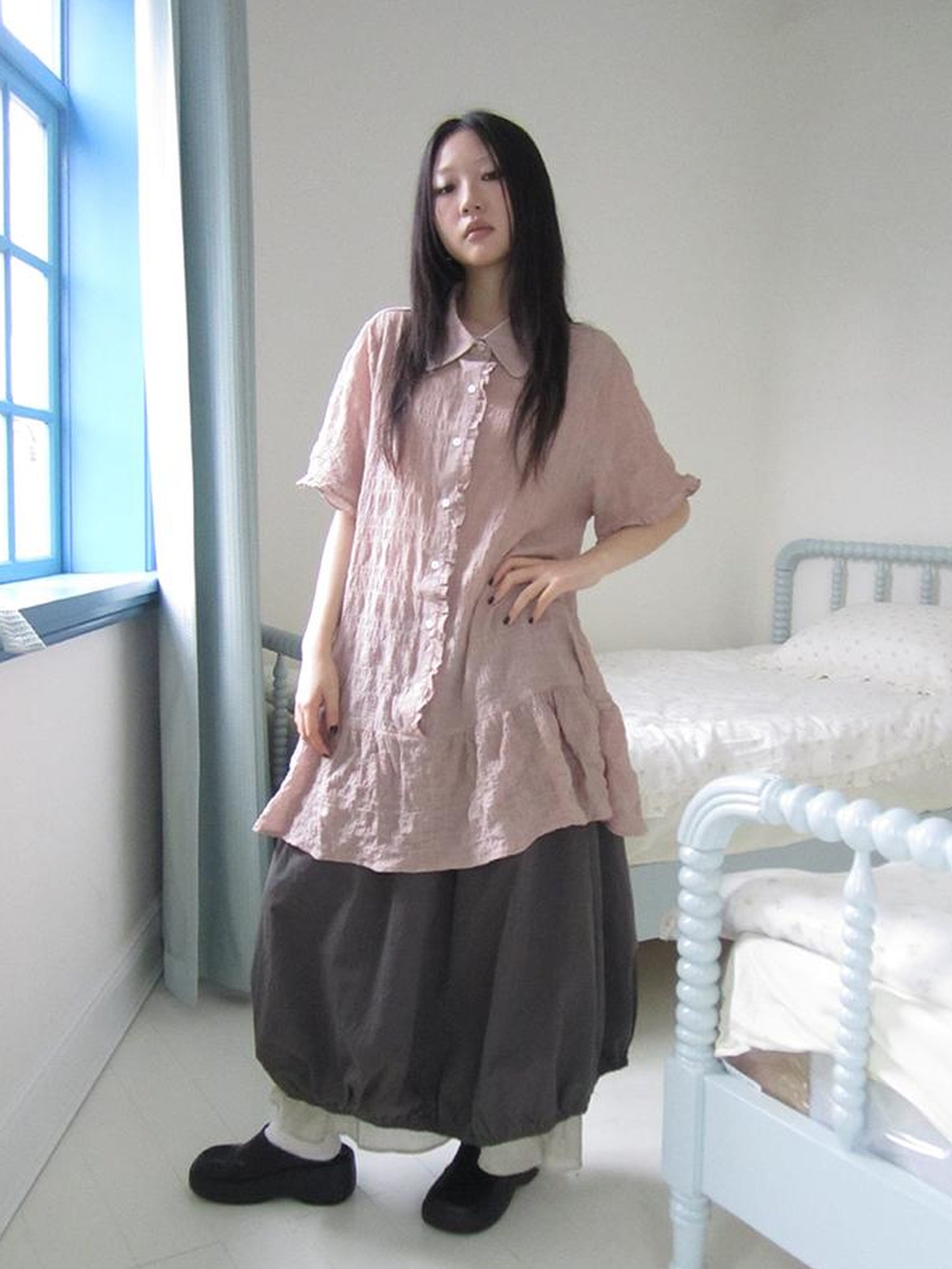 ang project Retro Gingham Collar Split Hem Short Sleeve Shirt