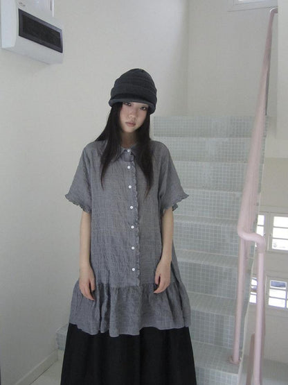 ang project Retro Gingham Collar Split Hem Short Sleeve Shirt