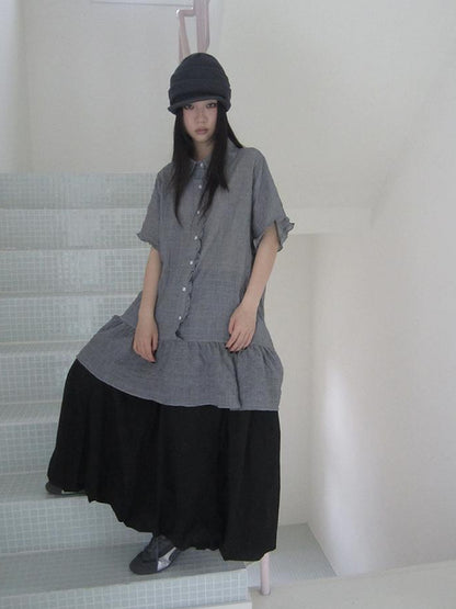 ang project Retro Gingham Collar Split Hem Short Sleeve Shirt
