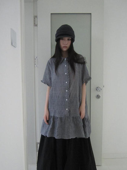 ang project Retro Gingham Collar Split Hem Short Sleeve Shirt