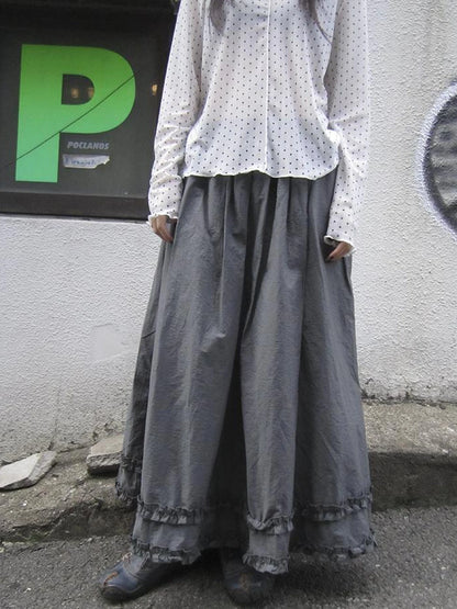 Retro Gray A Line Skirt With Lace Hem And Elastic Waist