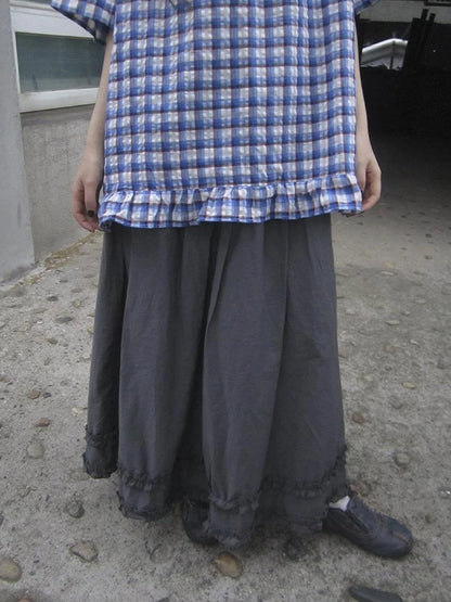 Retro Gray A Line Skirt With Lace Hem And Elastic Waist