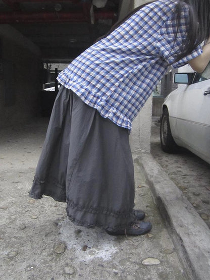 Retro Gray A Line Skirt With Lace Hem And Elastic Waist