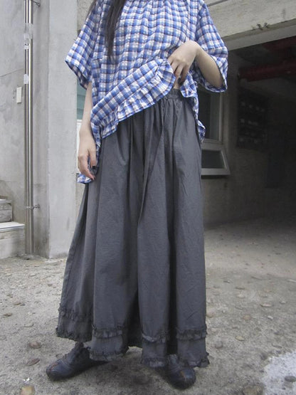 Retro Gray A Line Skirt With Lace Hem And Elastic Waist