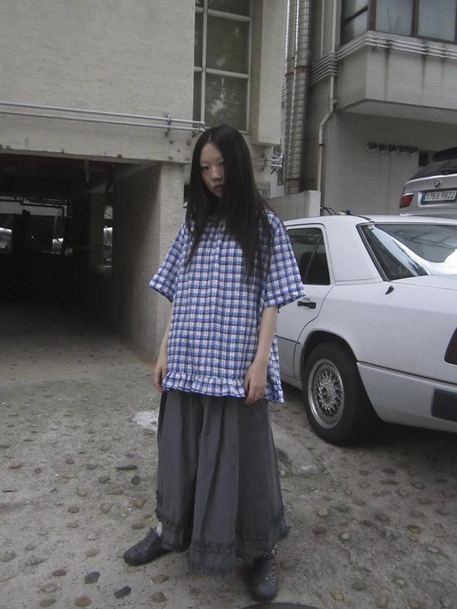 Retro Gray A Line Skirt With Lace Hem And Elastic Waist