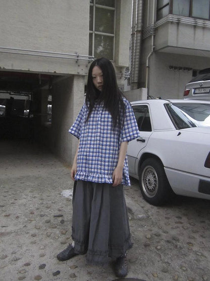 Retro Gray A Line Skirt With Lace Hem And Elastic Waist