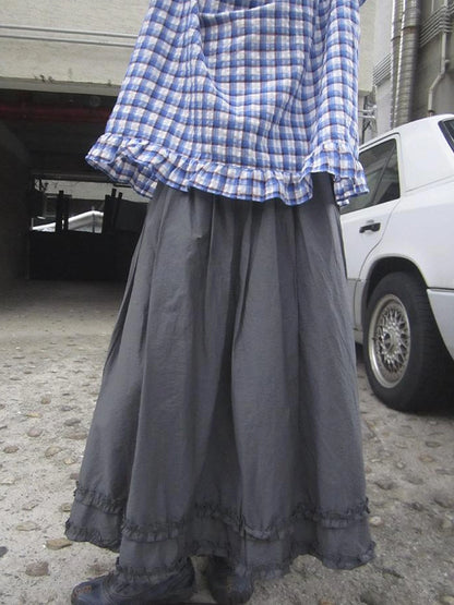 Retro Gray A Line Skirt With Lace Hem And Elastic Waist