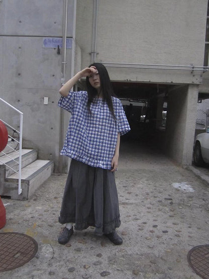 Retro Gray A Line Skirt With Lace Hem And Elastic Waist