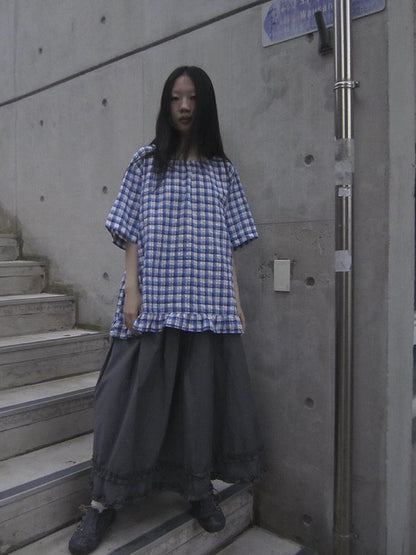 ang project Retro Gray A Line Skirt With Lace Hem And Elastic Waist