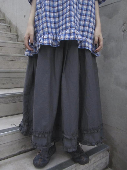 Retro Gray A Line Skirt With Lace Hem And Elastic Waist