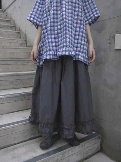 Retro Gray A Line Skirt With Lace Hem And Elastic Waist