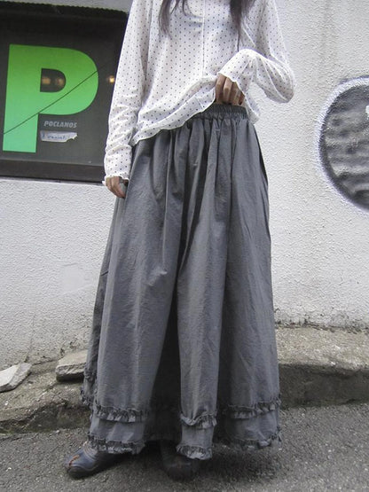 Retro Gray A Line Skirt With Lace Hem And Elastic Waist
