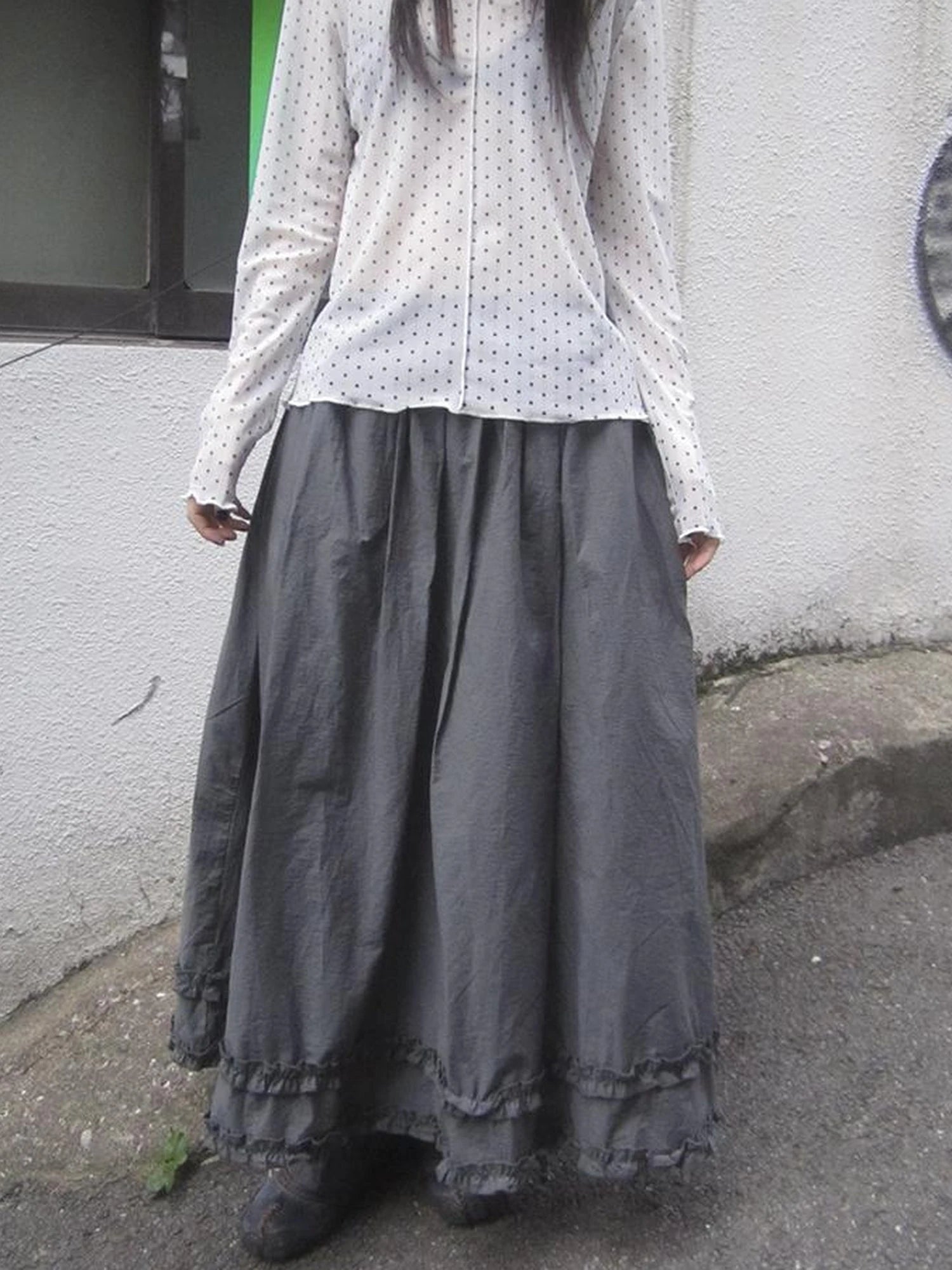 Retro Gray A Line Skirt With Lace Hem And Elastic Waist