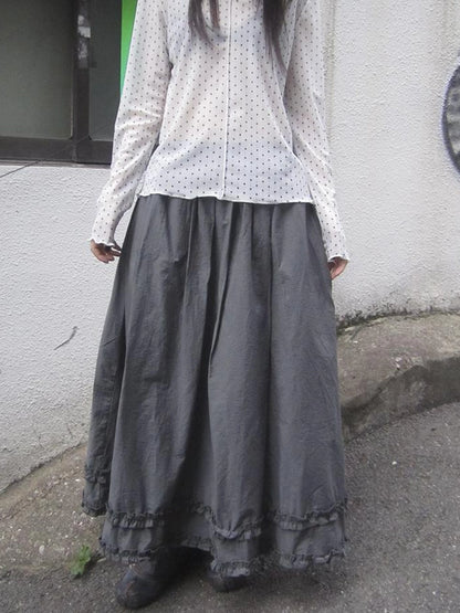 Retro Gray A Line Skirt With Lace Hem And Elastic Waist