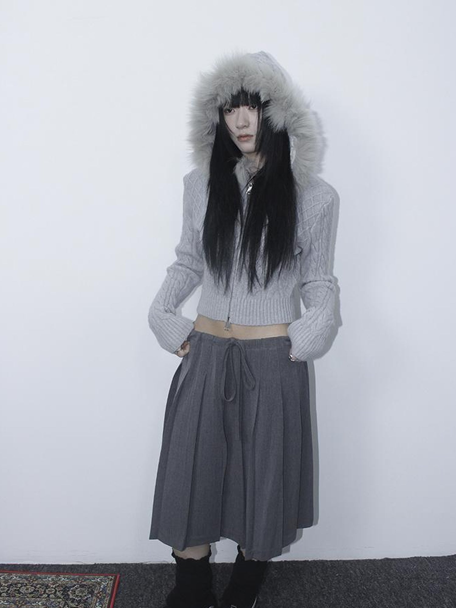 ang project Retro Gray Plaid High Waist Wrap Waist Midi Skirt