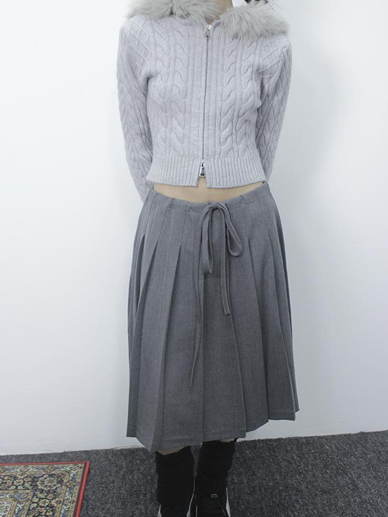 ang project Retro Gray Plaid High Waist Wrap Waist Midi Skirt
