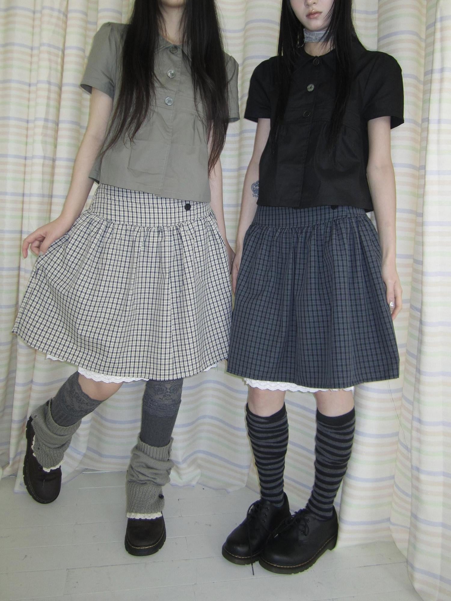 ang project Retro Grey Plaid Lace Splice High Waist Women&