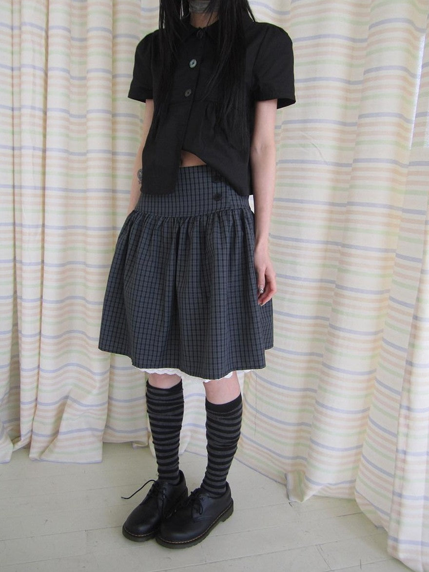 ang project Retro Grey Plaid Lace Splice High Waist Women&