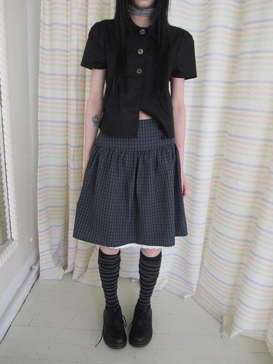 ang project Retro Grey Plaid Lace Splice High Waist Women&