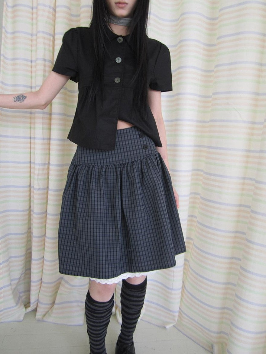 ang project Retro Grey Plaid Lace Splice High Waist Women&