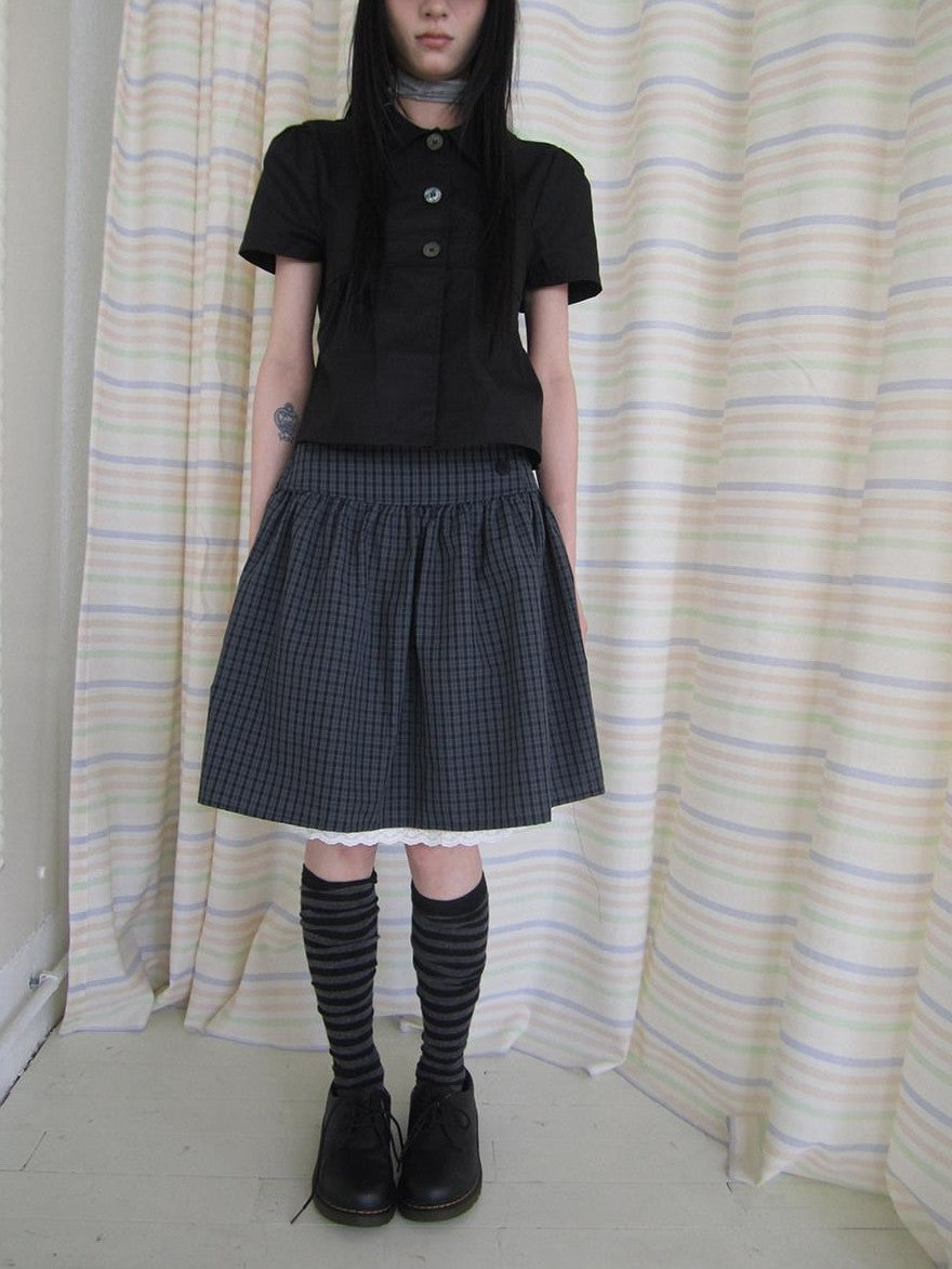ang project Retro Grey Plaid Lace Splice High Waist Women&