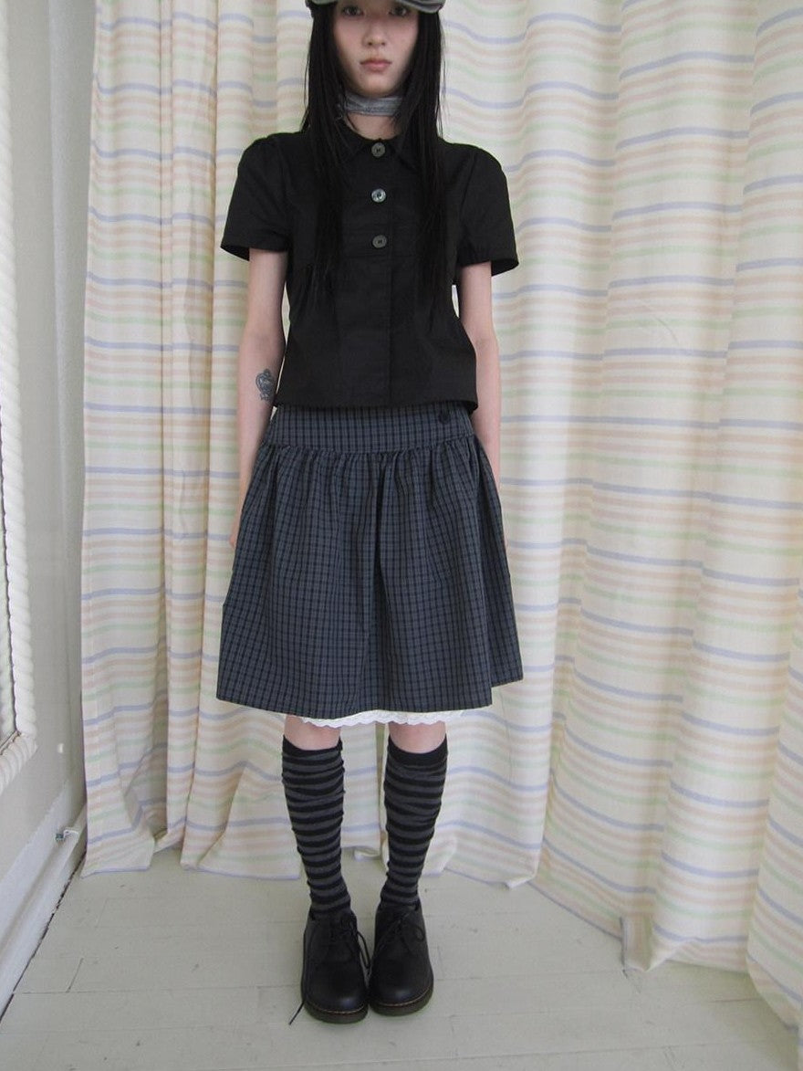 ang project Retro Grey Plaid Lace Splice High Waist Women&