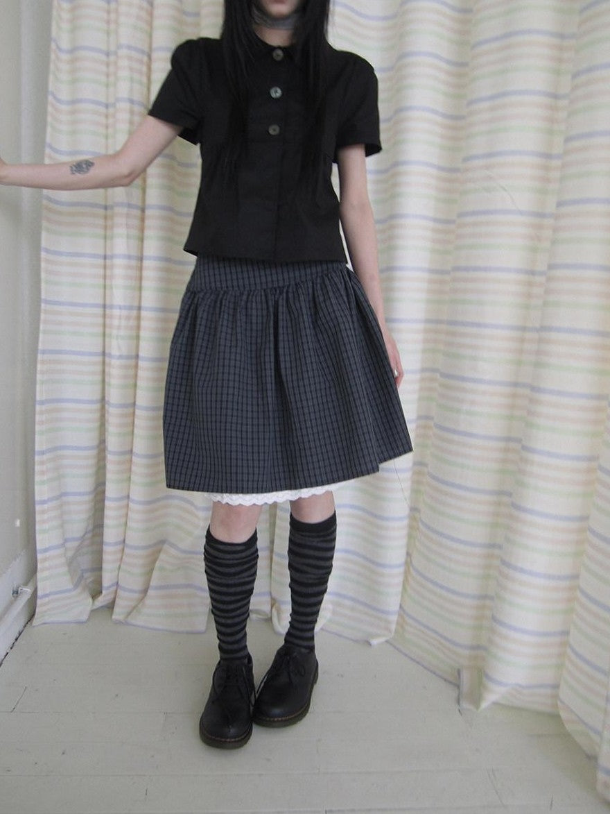 ang project Retro Grey Plaid Lace Splice High Waist Women&