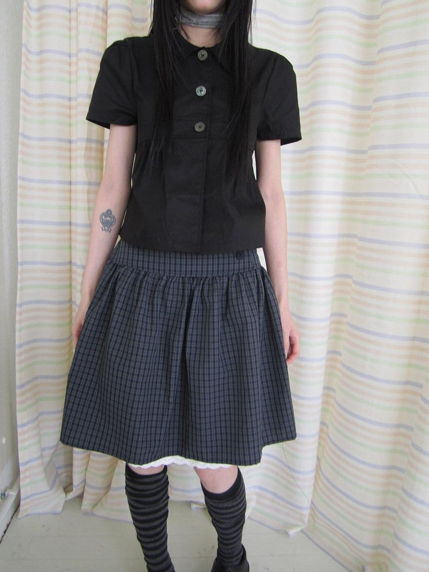 ang project Retro Grey Plaid Lace Splice High Waist Women&