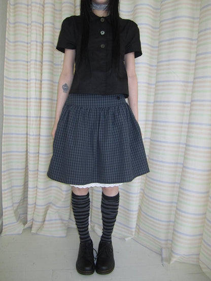 ang project Retro Grey Plaid Lace Splice High Waist Women&
