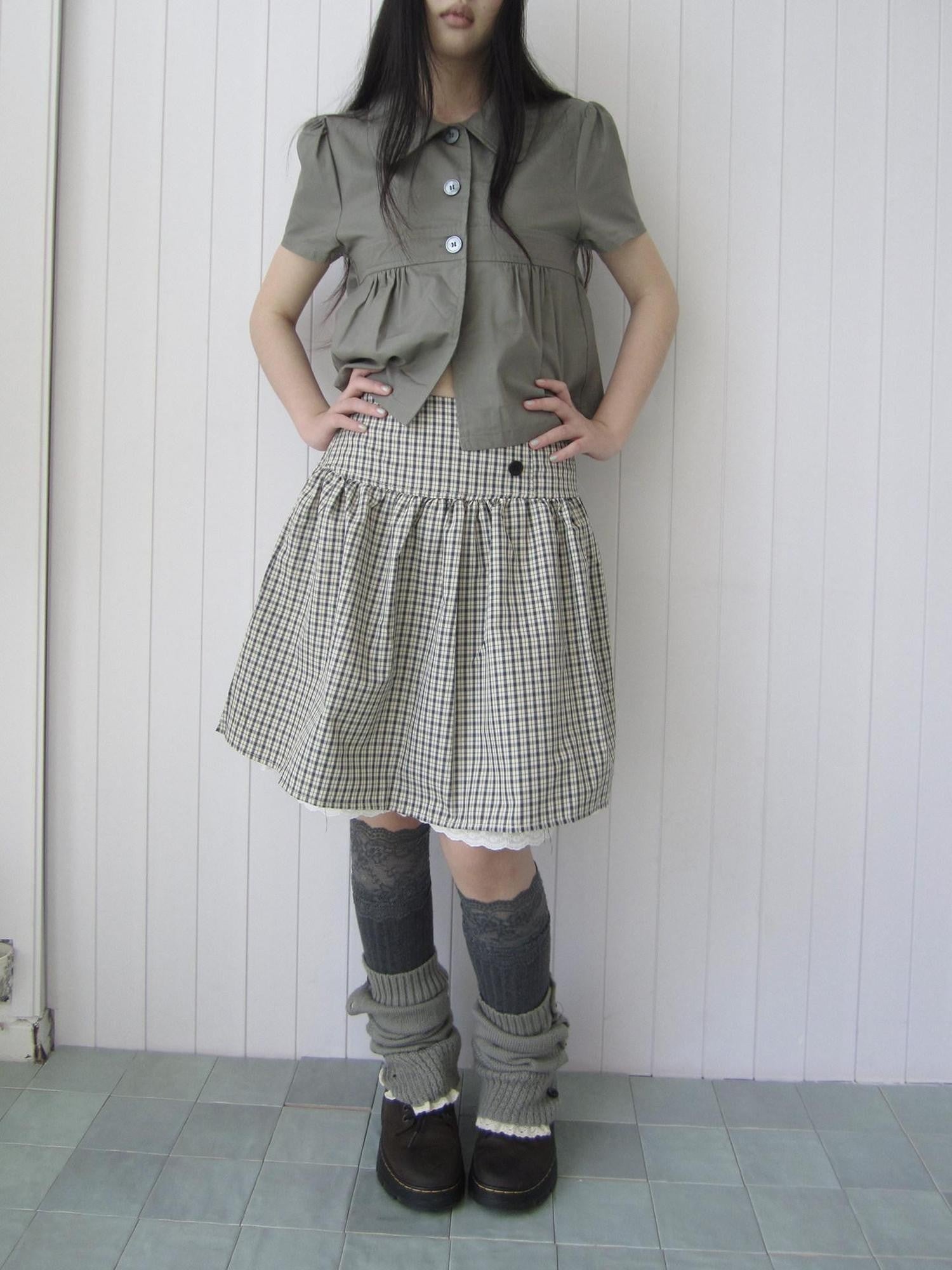 ang project Retro Grey Plaid Lace Splice High Waist Women&