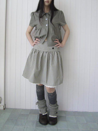 ang project Retro Grey Plaid Lace Splice High Waist Women&